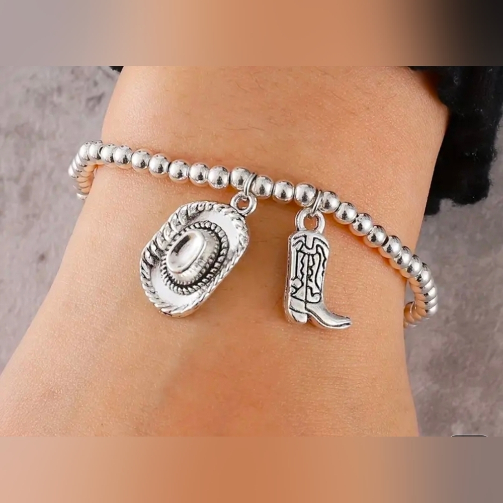 Silver Cowboy Hat & Boot Charm Beaded Bracelet